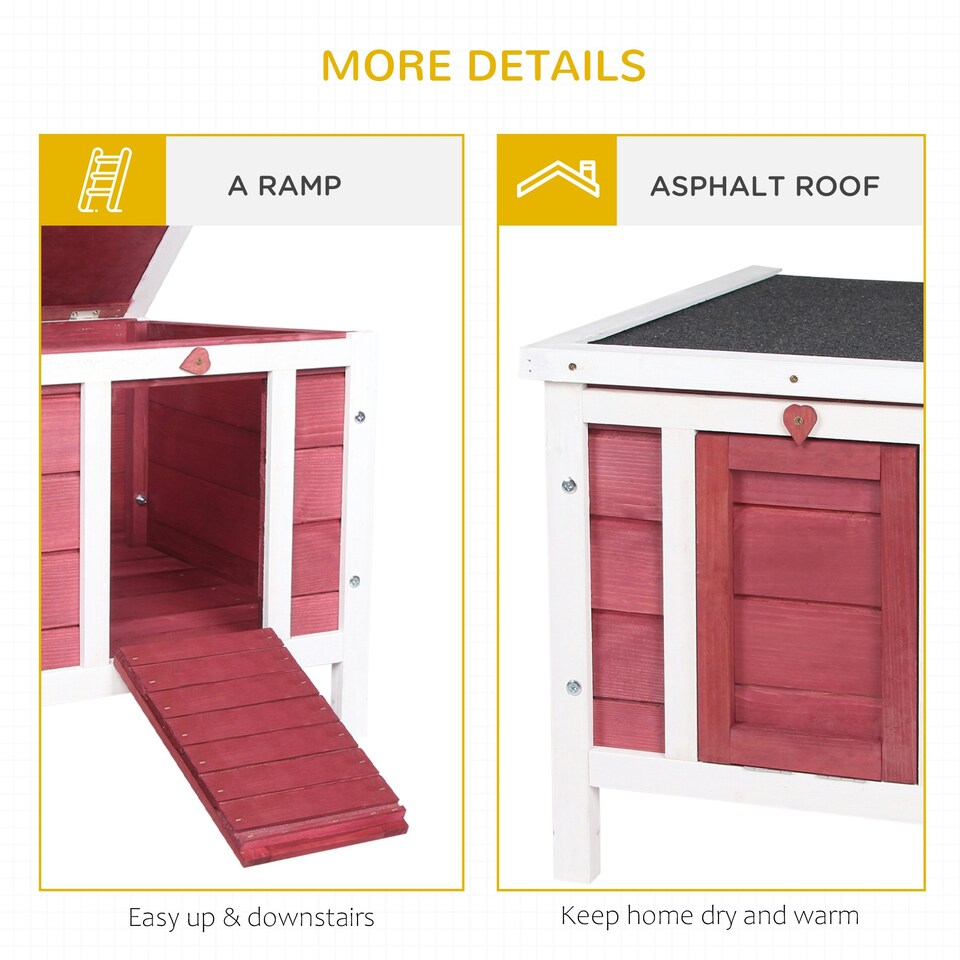 image 1 of PawHut Rabbit Hutch, Bunny Cage Outdoor Wooden House w/ Asphalt Roof, Red