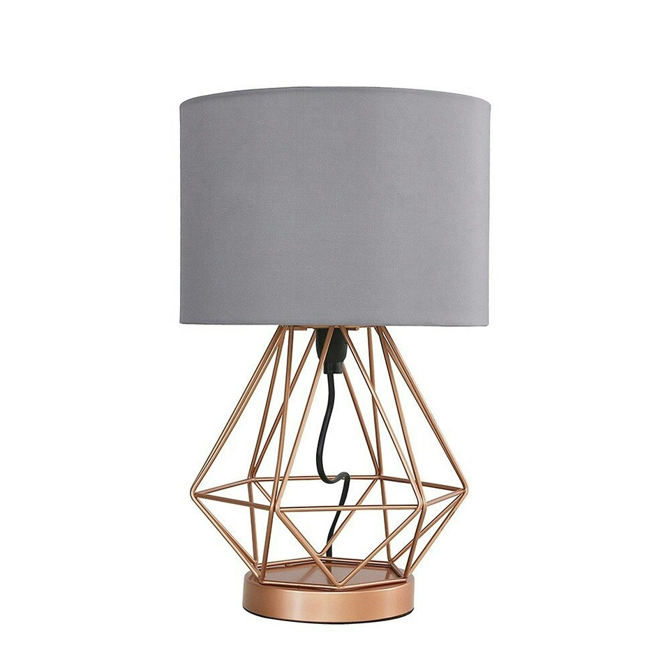 image 1 of ValueLights Copper Metal Basket Cage Touch Table Lamp with a Grey Cylinder Shade - Complete with a 5w LED Dimmable Bulb 3000K Warm White Grey
