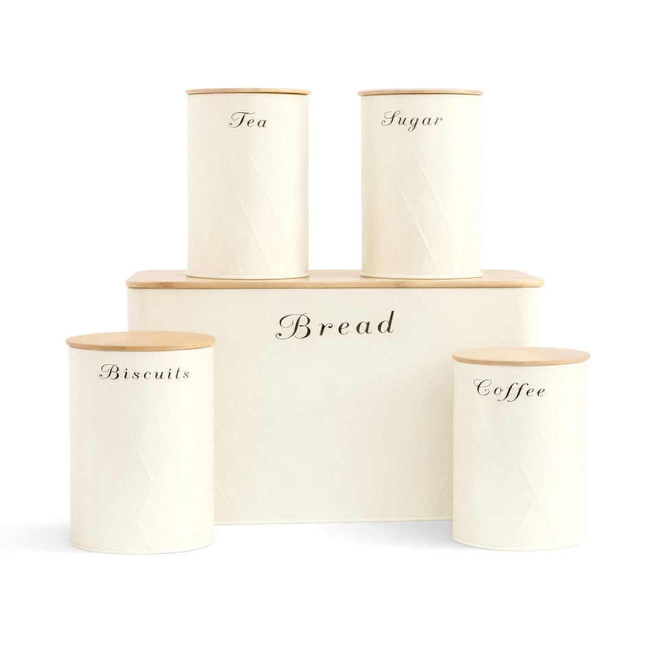 image 1 of 5pc Cream Bamboo Lid Kitchen Canister Set Bread Biscuits Tea Sugar Coffee