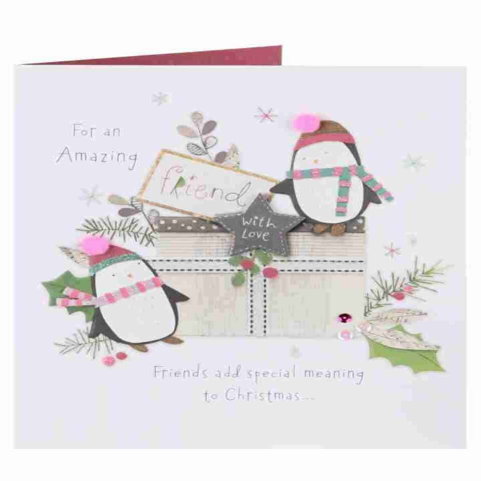 image 1 of Amazing Friend Cute Penguin Luxury Handmade Christmas Greeting Card