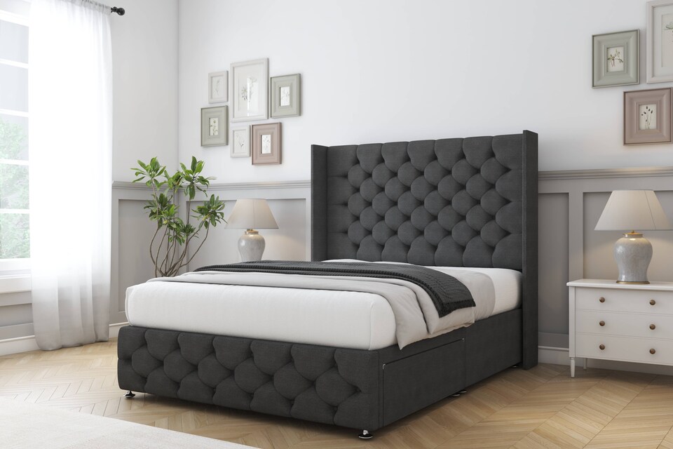 image 1 of Sloomy Luthor Graphite Dumfries Divan Bed With Mattress 2 Drawers Footend With 54" Wingback Headboard & 12" Matching Footboard 4' Small Double | Grey | Graphite | Small Double | 1