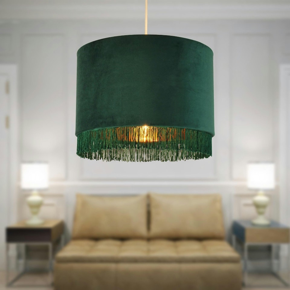 image 1 of First Choice Lighting Set of 2 Spruce Green Velvet With Gold Inner Tassled Light Shades Green | Gold
