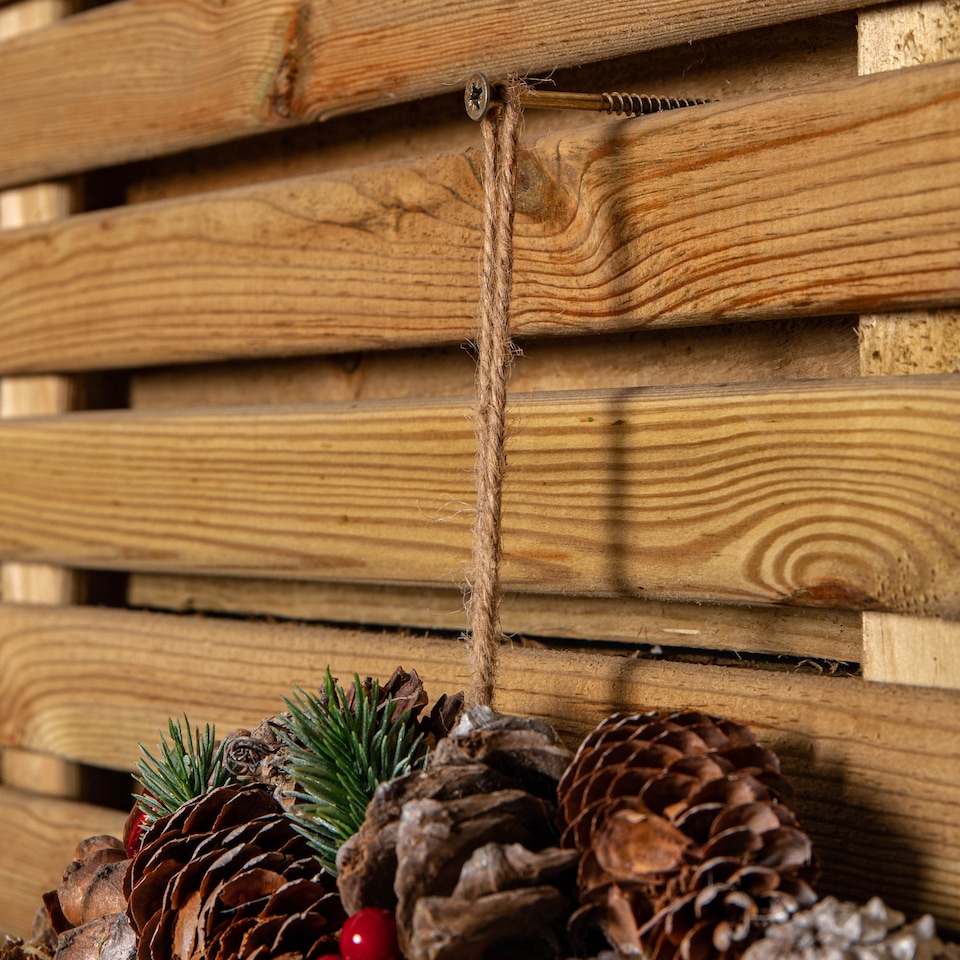 image 1 of 50cm Frosted Hanging Christmas Wreath with Red Jingle Bells & Wooden Stars