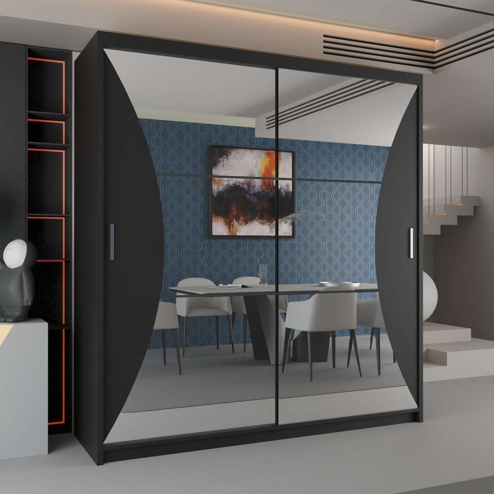 image 1 of Modern Curved Mirror Sliding Door Wardrobe with Silver Handles - Black 150cm