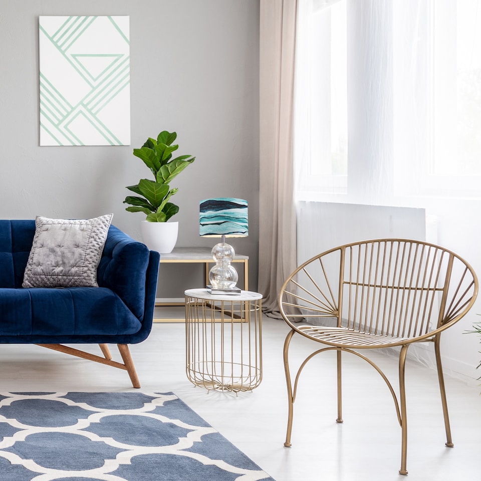 image 1 of Sea Waves Drum Lamp Shade in Teal Duck Egg and Navy Blue - 25cm Linen Fabric | Blue