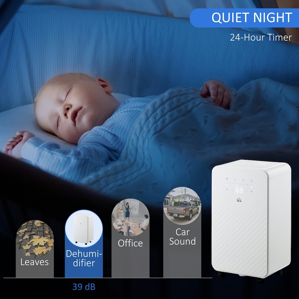 image 1 of HOMCOM 12L/Day Protable Quiet Air Dehumidifier with Purifier, Timer, 5 Modes