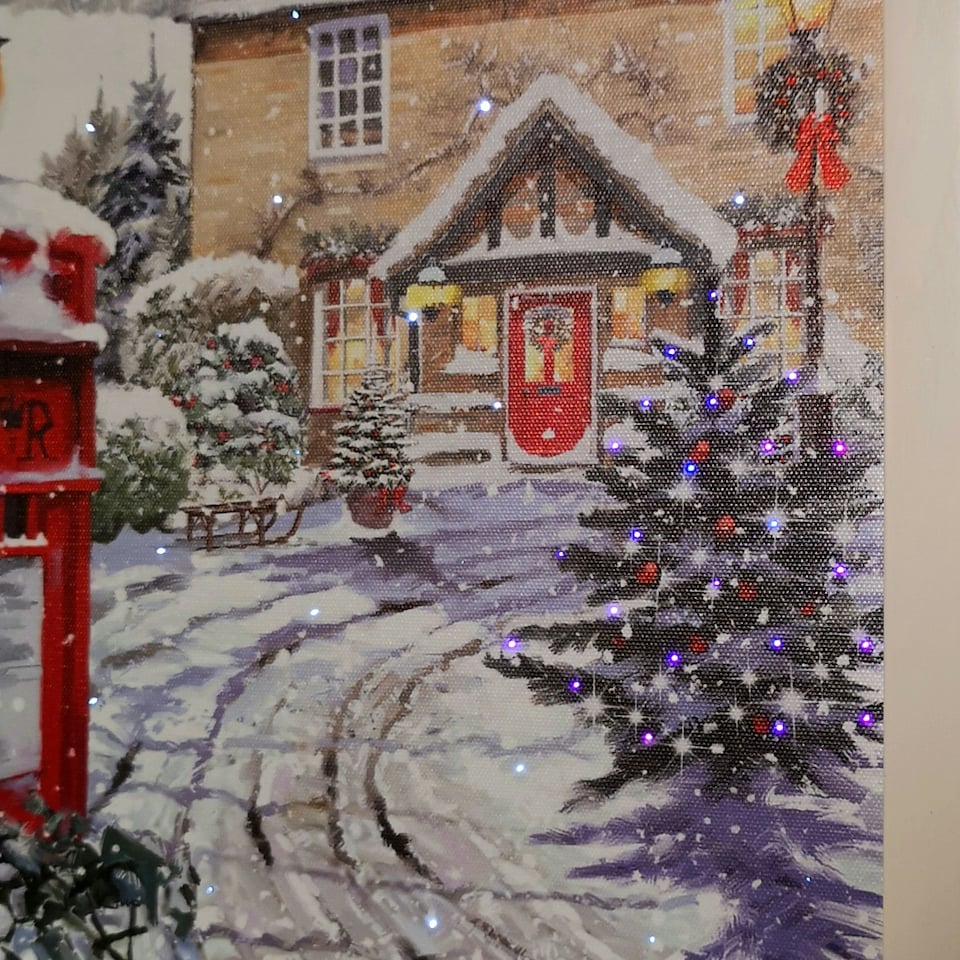 image 1 of Battery Operated 40 x 40cm Light up Snowy Christmas Robin Scene Picture Canvas