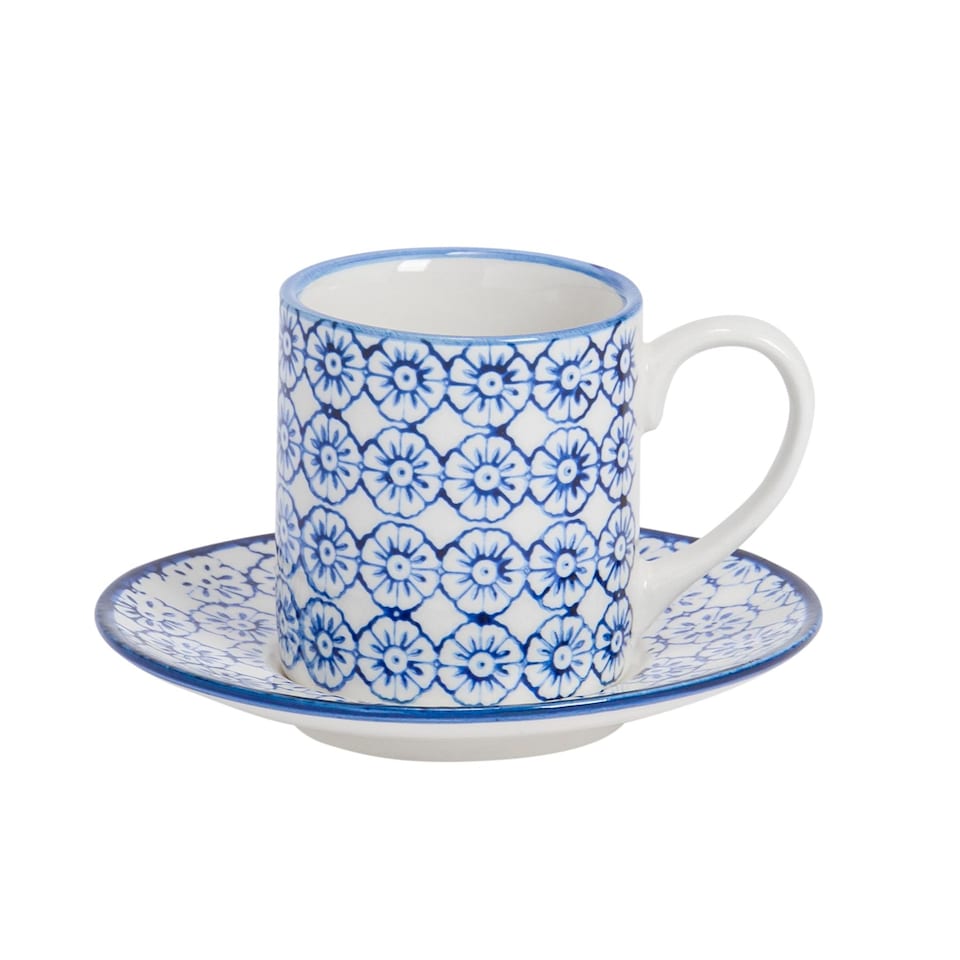 image 1 of Nicola Spring 12 Piece Hand-Printed Espresso Cup & Saucer Set - 65ml - Navy | Blue | Blue | 12