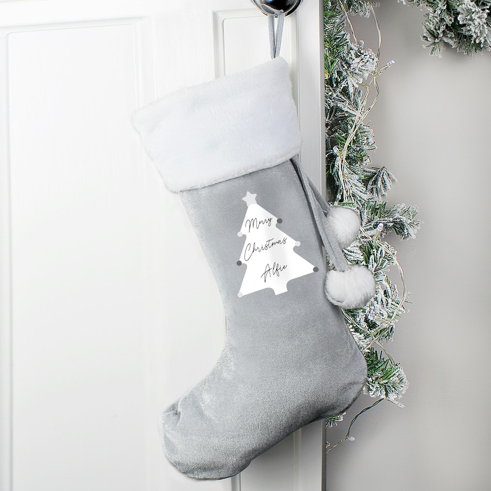 image 1 of Personalised Christmas Tree Luxury Silver Grey Stocking