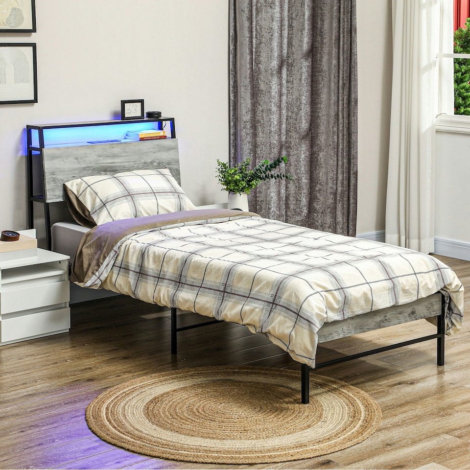 image 1 of HOMCOM LED Single Bed Frame with Charging Station, 90 x 190cm, Cement Grey