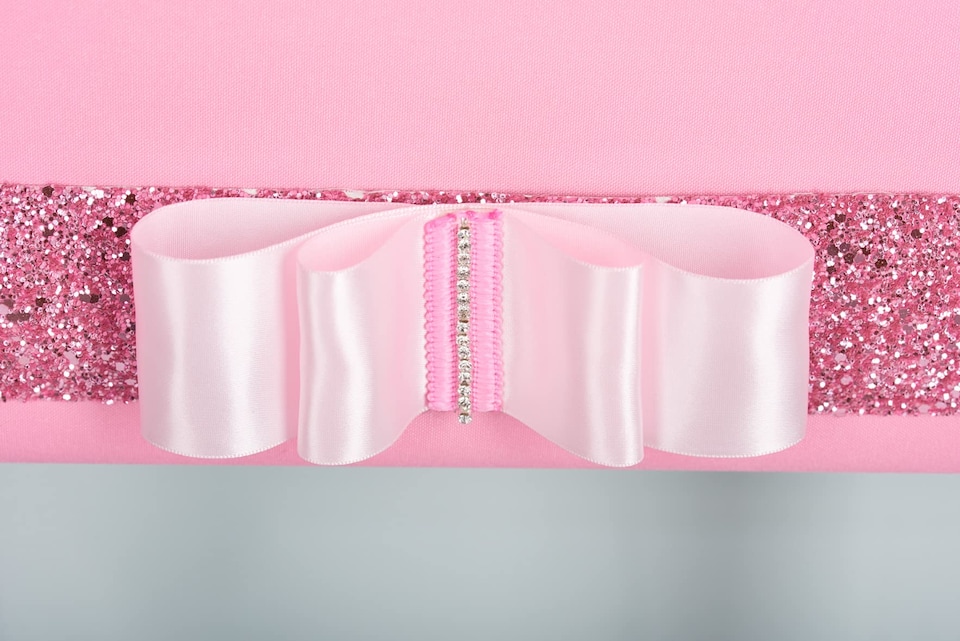 image 1 of FURNISHED Blackout Roller Blind with Pink Glitter Trim and Pink Bow Trimmable Window Shade | Pink | Pink | (W) 230cm x (L) 210cm