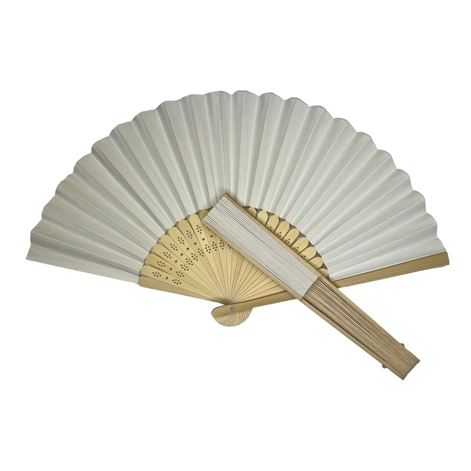 image 1 of Rice White Paper Foldable Hand Held Bamboo Wooden Fan by Parev