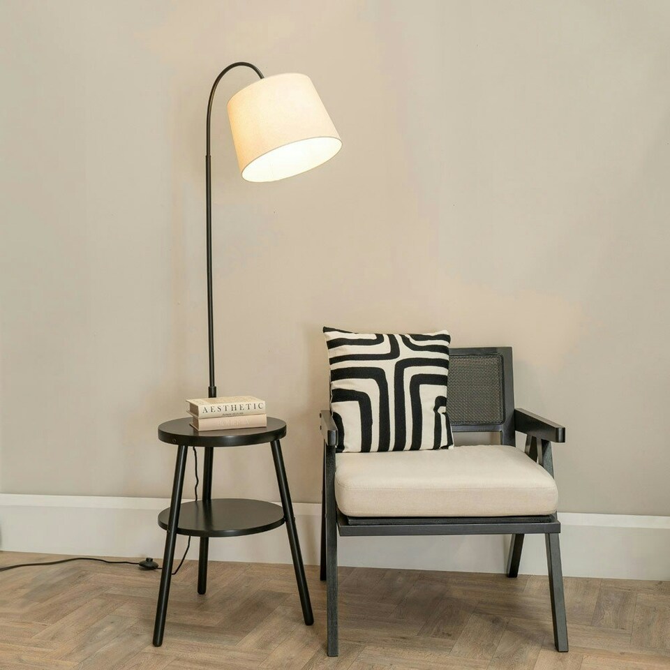 image 1 of ValueLights Crowther Dark Wood Side Table Shelved Tripod Floor Lamp with Fabric Shade