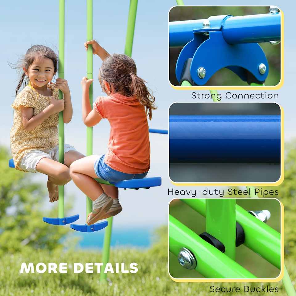 image 1 of Outsunny Kids Metal Garden Swings Set w/ Glider, Adjustable Height, Green
