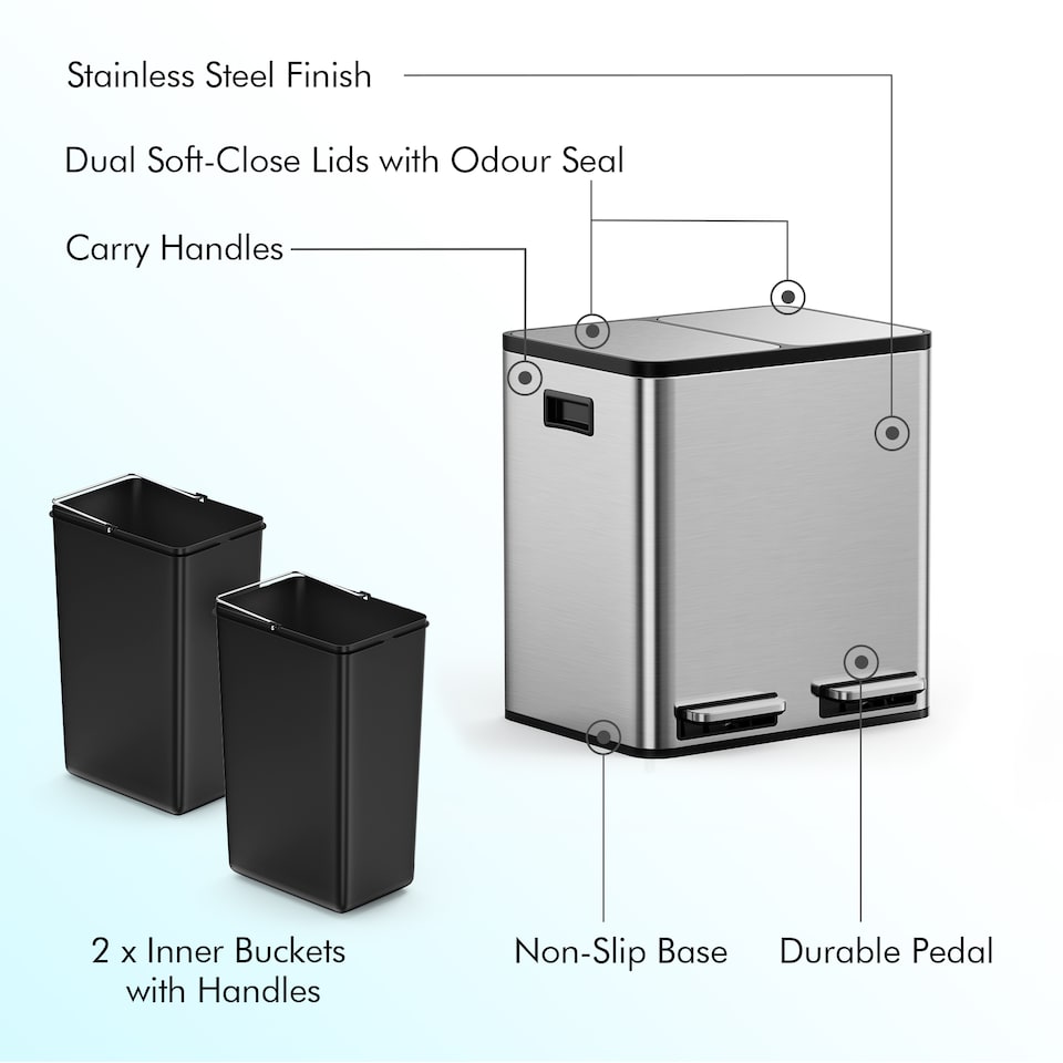image 1 of VonHaus Cream 30L Waste & Recycling Kitchen Bin, 2 x 15L Compartment Stainless Steel Pedal Bin w/ Non Slip Base, Removable In-Bins | Chrome | Stainless Steel | 45L