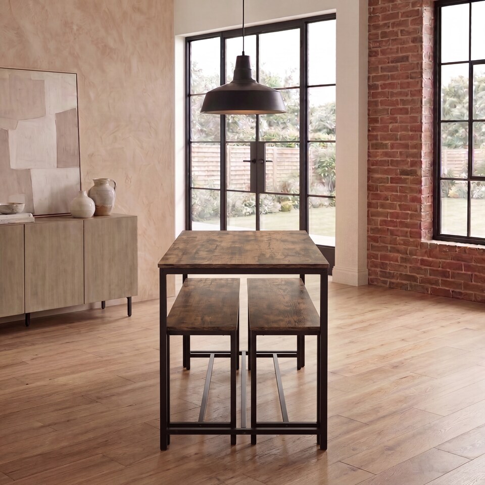 image 1 of Vida Designs Brooklyn 4 Seater Dining Set 3 Piece Table & Bench Set, Dark Wood