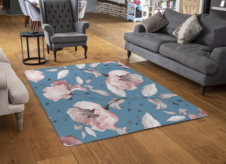 image 1 of Pink Flowers On Blue Rug | Multi
