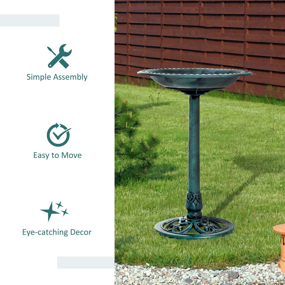 image 1 of Outsunny 50cm Decorative Garden Bird Bath Fountain Feeder Stand, Green