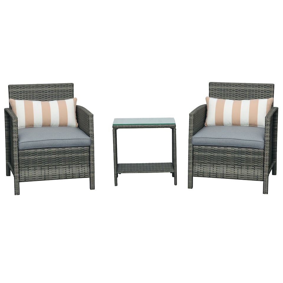 image 1 of Outsunny 3 Pieces Rattan Bistro Set, Wicker Garden Furniture Set, Glass Top 2 tier Coffee Table and Chairs Set with Pillows and Washable Cushions for Outdoor, Patio, Balcony, Grey