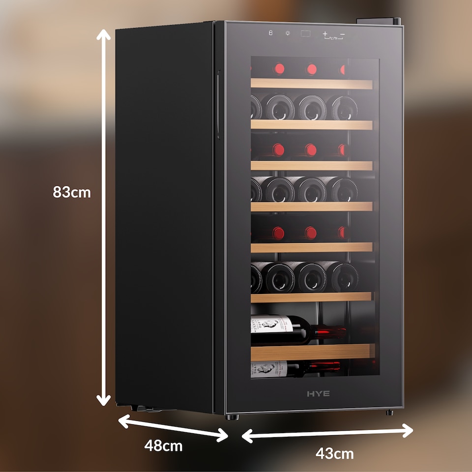 image 1 of HYE 88L Wine Cooler 28 Bottles, 43cm, Touch Controls, LED Lights, Black, Wooden Shelves - RF01WC28B31