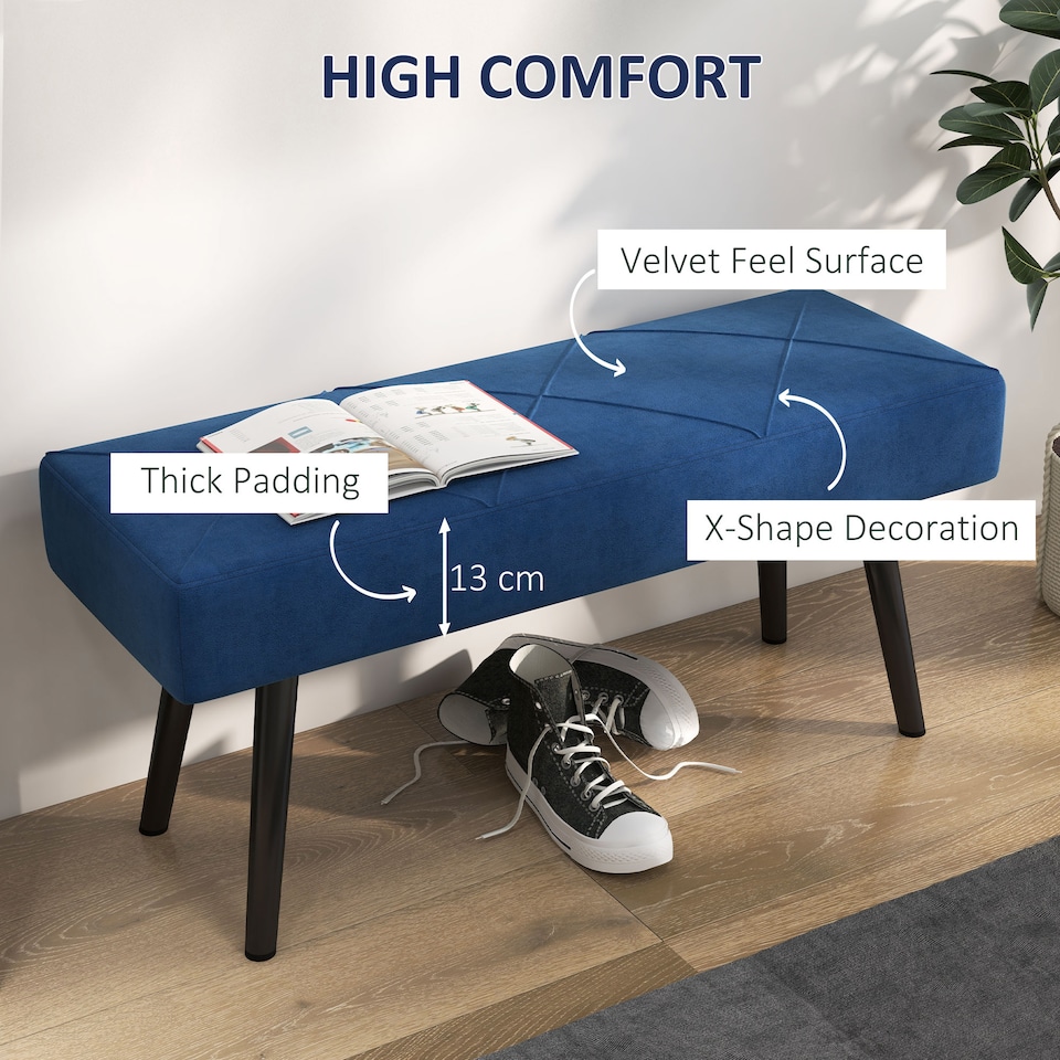 image 1 of HOMCOM End of Bed Bench with X-Shape Design and Steel Legs, Upholstered Hallway Bench for Bedroom, Blue