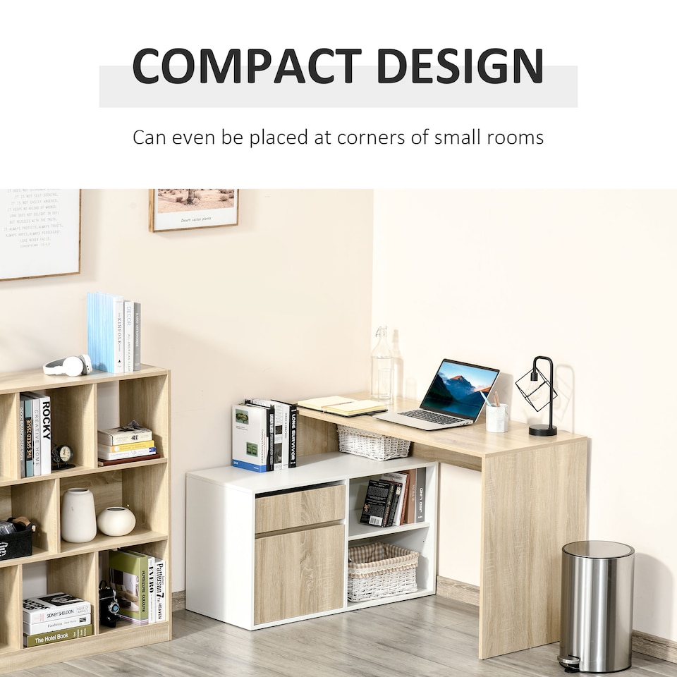 image 1 of HOMCOM L-Shaped Desk, Corner Computer Desk with Storage Drawer, Adjustable Shelf, Cabinet for Home Office and Study, 120 x 92 x 75cm, Oak and White