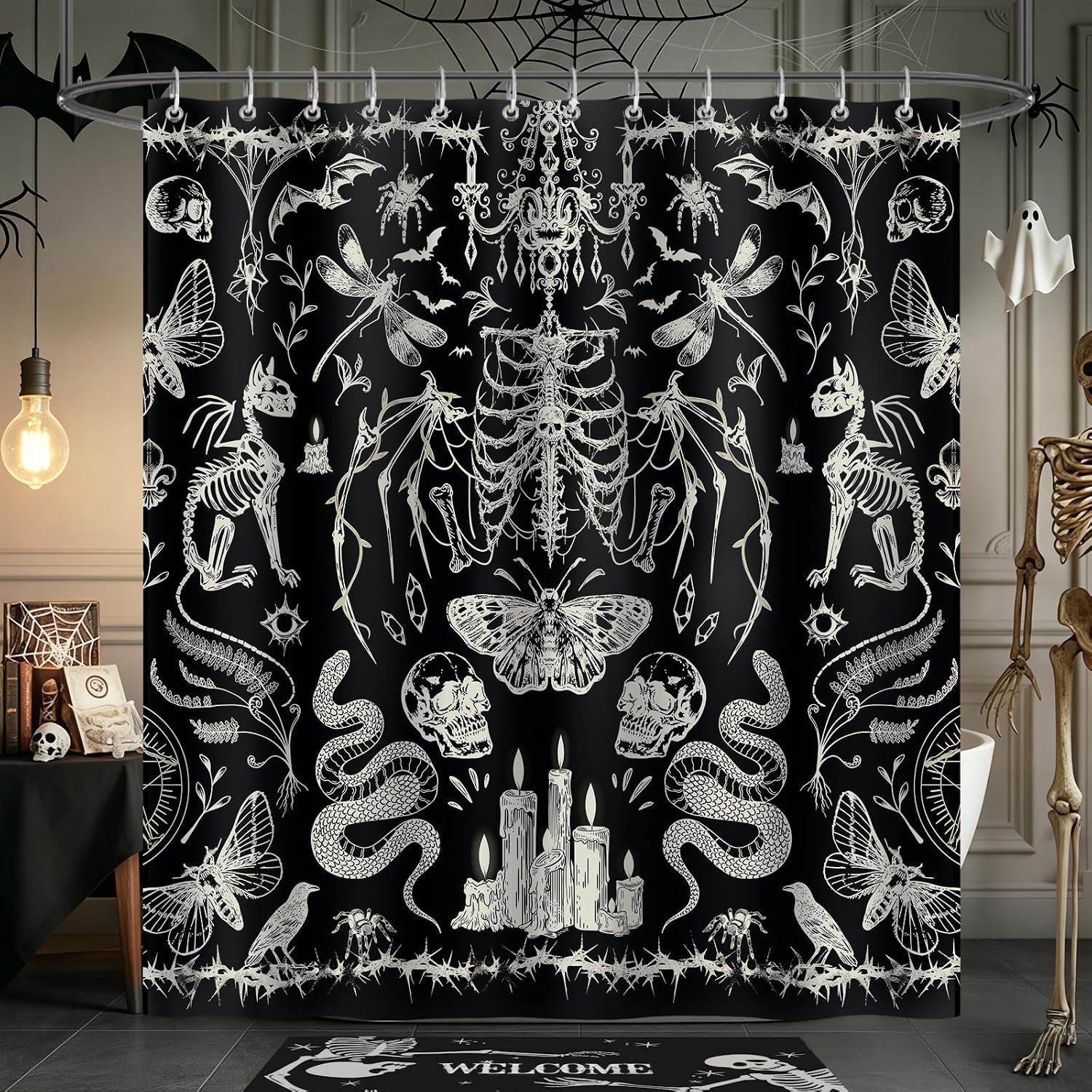 Gothic Skull Shower Curtain for Bathroom Waterproof 180 x 180 cm , Black Goth Shower Curtain Retro Bathroom Curtain Mildew and Mould Resistant Polyest