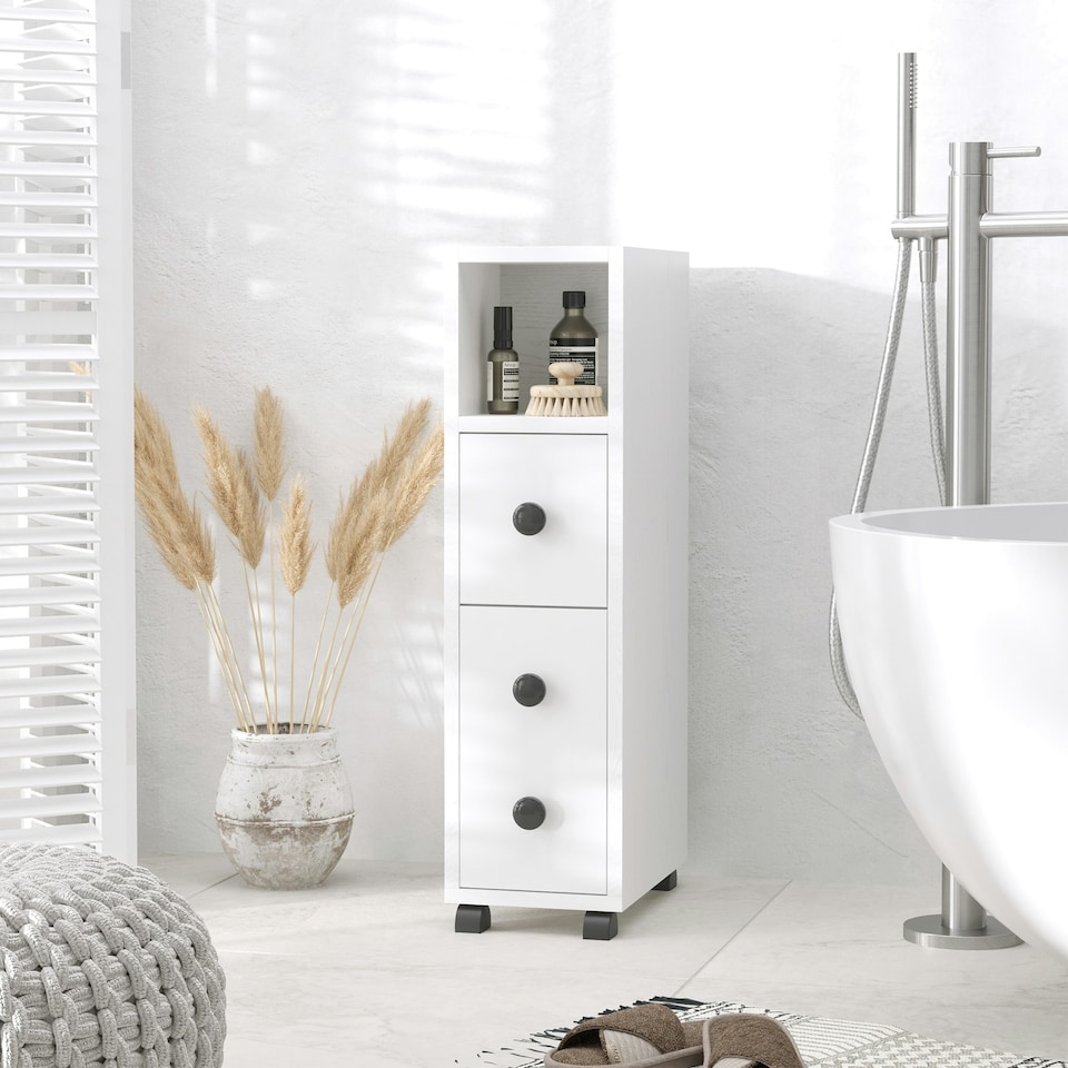 image 1 of kleankin Slim Bathroom Storage with 2 Drawers, 2 Open and Wheels, White