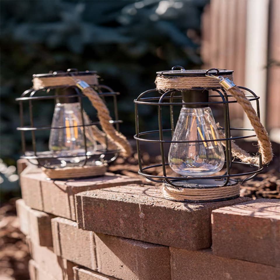 image 1 of ValueLights 2 pack of Solar powered Lantern cage with Hemp Rope Handle