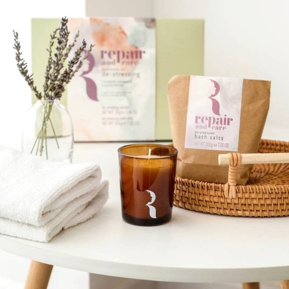 image 1 of Repair and Care De-stressing Bathroom Set Candle 70g & Bath Salts 200g