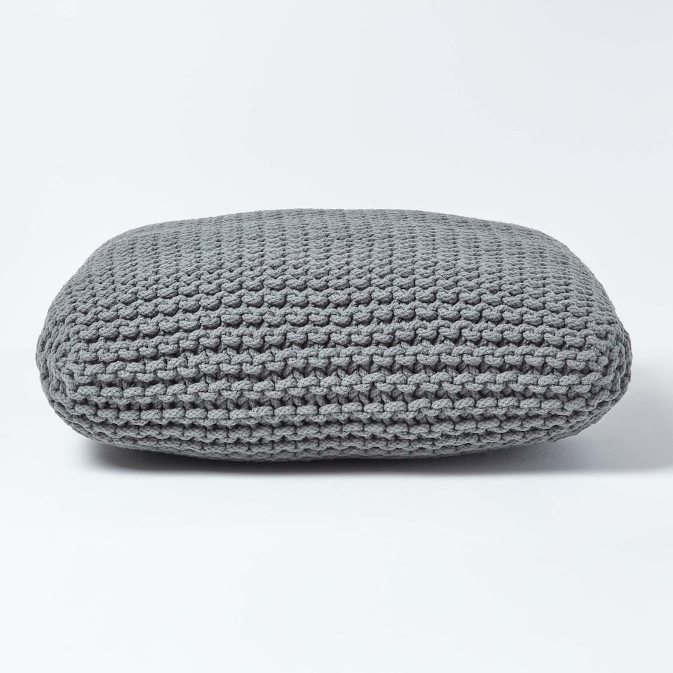 image 1 of Homescapes Grey Square Cotton Knitted Pouffe Floor Cushion