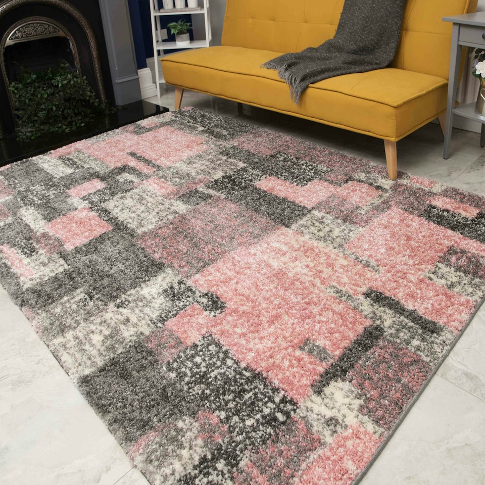 image 1 of KUKOON Blush Pink Patchwork Mottled Shaggy Area Rug 200cm x 290cm