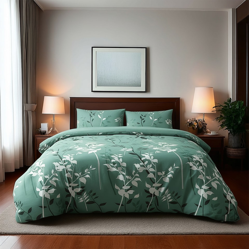 image 1 of Duvet Cover And Pillowcase Set Floral Leaf Design Polycotton Bed Linen | Blue | Duck Egg Blue | Super King