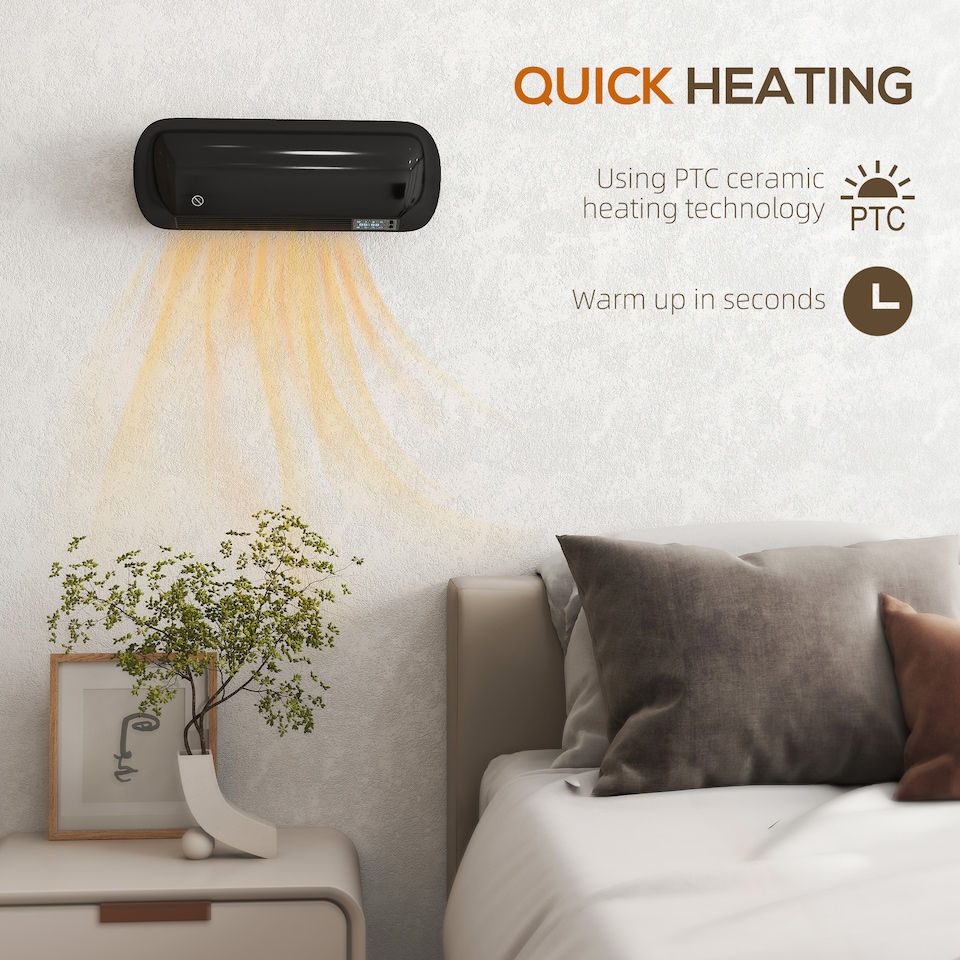 image 1 of HOMCOM Ceramic Electric Heater 2000W with Fan, Wall Mounted, Black | Black