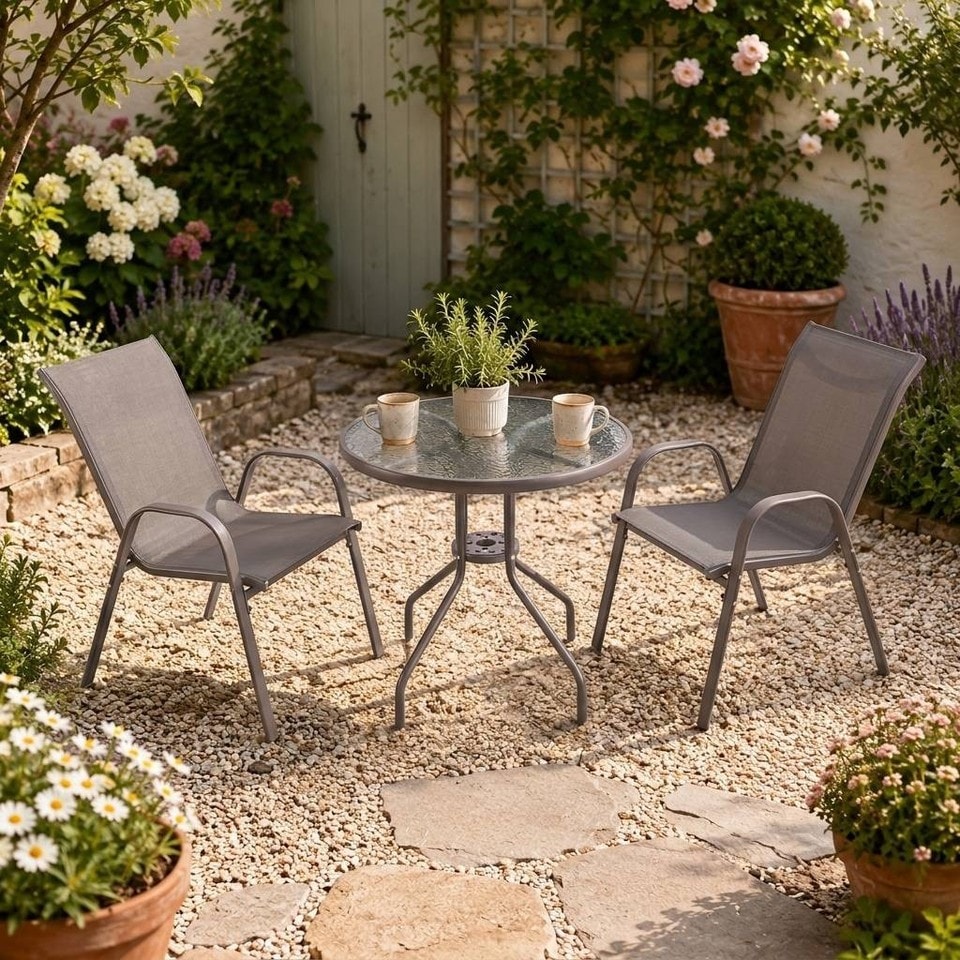image 1 of 3 Pcs Garden Round Glass Top Table & 2 Chairs Bistro Set