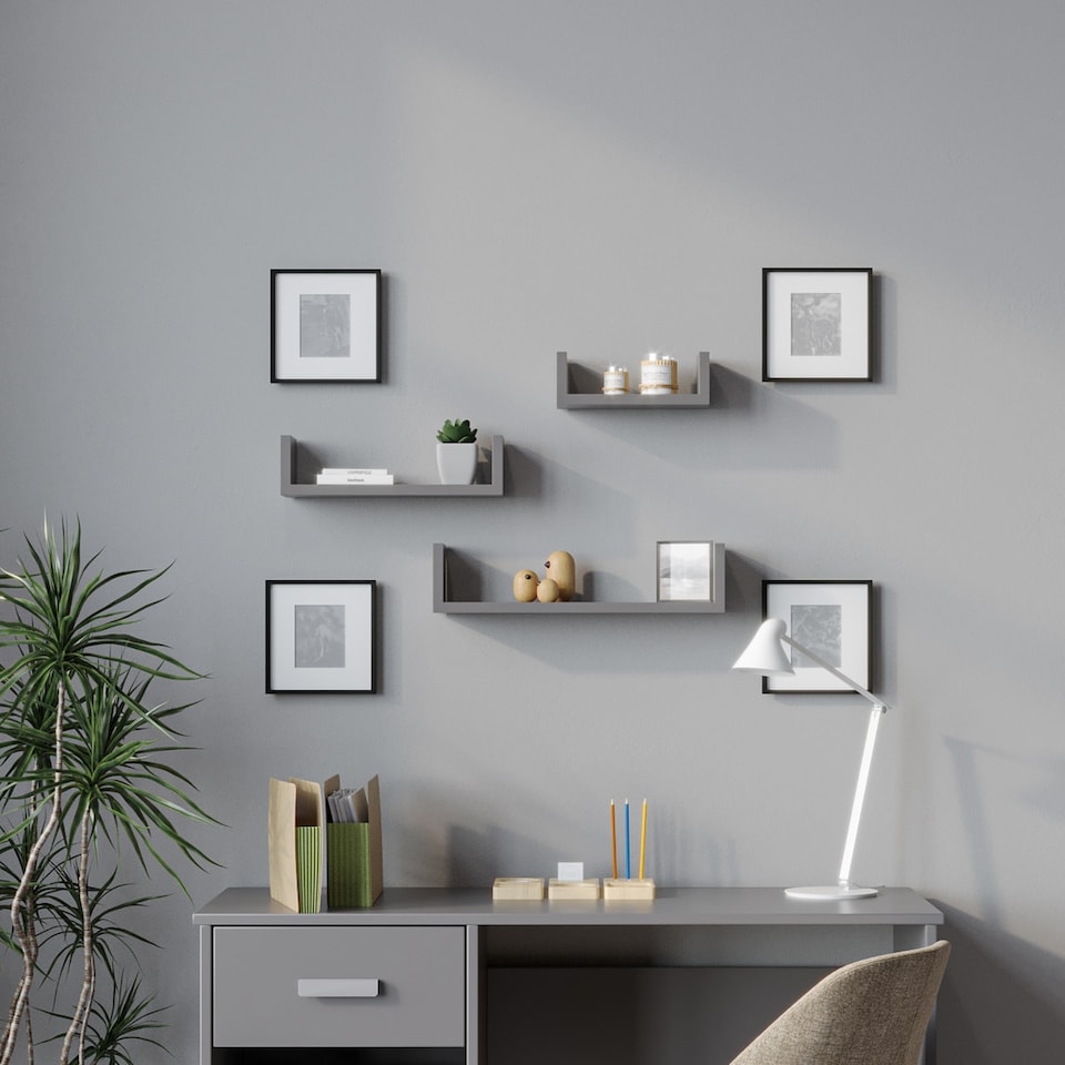 image 1 of Set of 3 U-Shaped Floating Wall-Mounted Shelves | Grey | 1