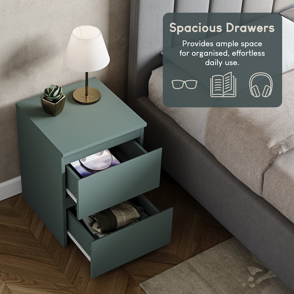 image 1 of Vida Designs Denver Large 2 Drawer Chest of Drawer Bedside Cabinet Nightstand Units Set of 2 - Green
