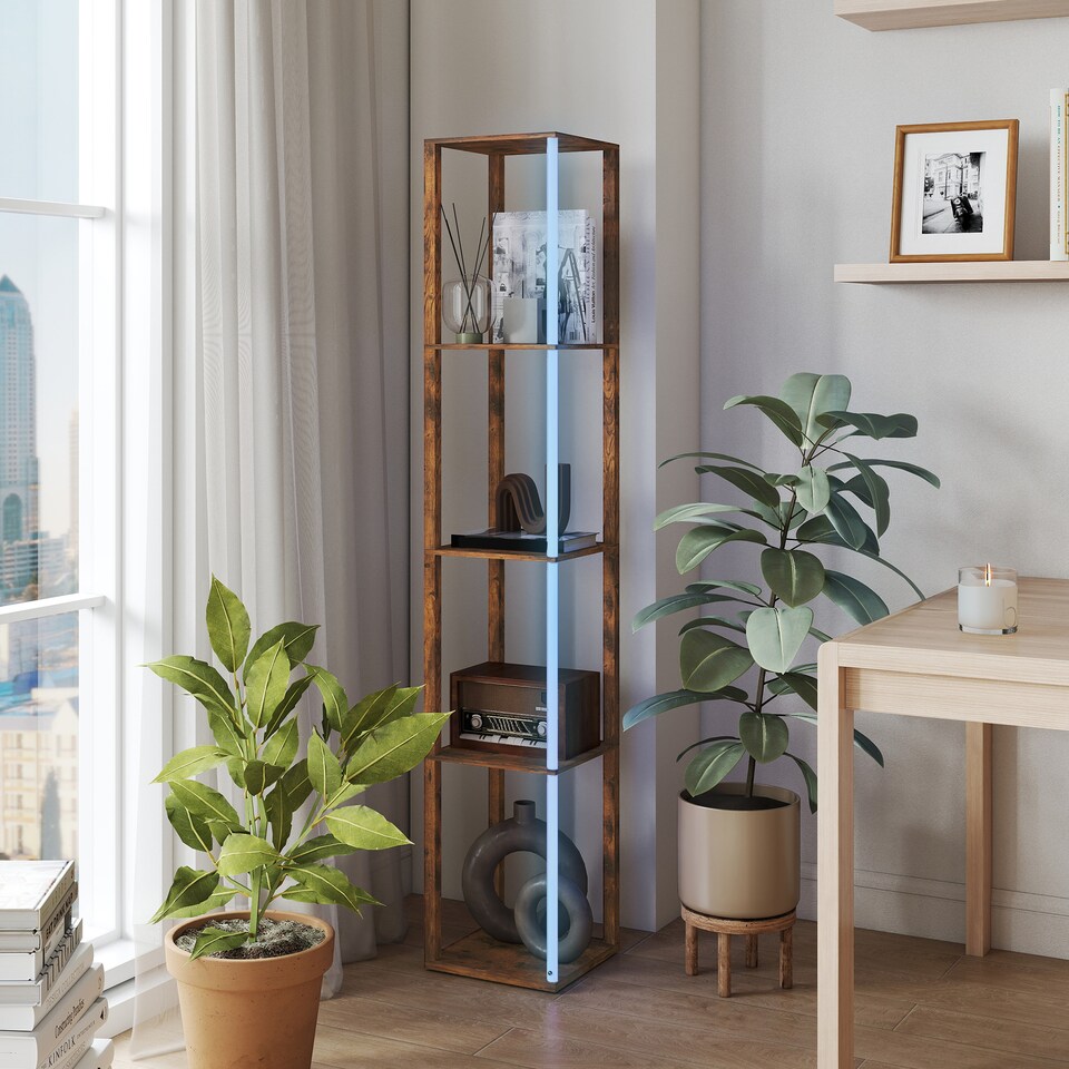 image 1 of HOMCOM RGB LED Floor Lamp with Shelves, Modern Dimmable Standing Lamp with Remote Control, Adjustable Brightness & Speed for Living Room, Bedroom, Office, Rustic Brown | Brown