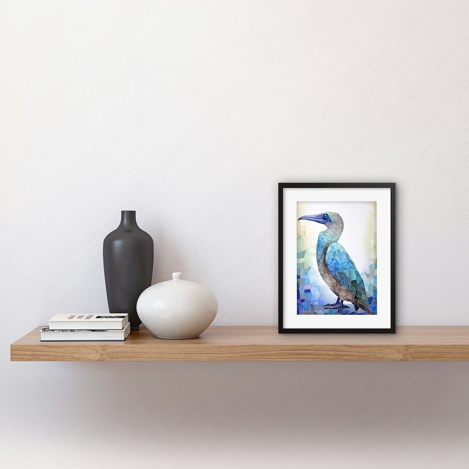 image 1 of Blue Footed Booby Bird Watercolour Painting Collage 9x7" Black Framed Wall Art Print