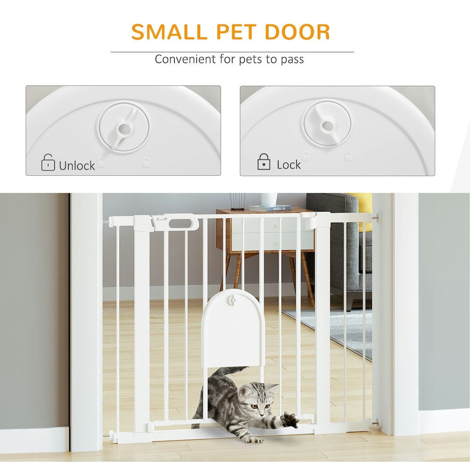 image 1 of PawHut 75-103 cm Pet Safety Gate Pressure Fit Stair w/ Small Door Double Locking