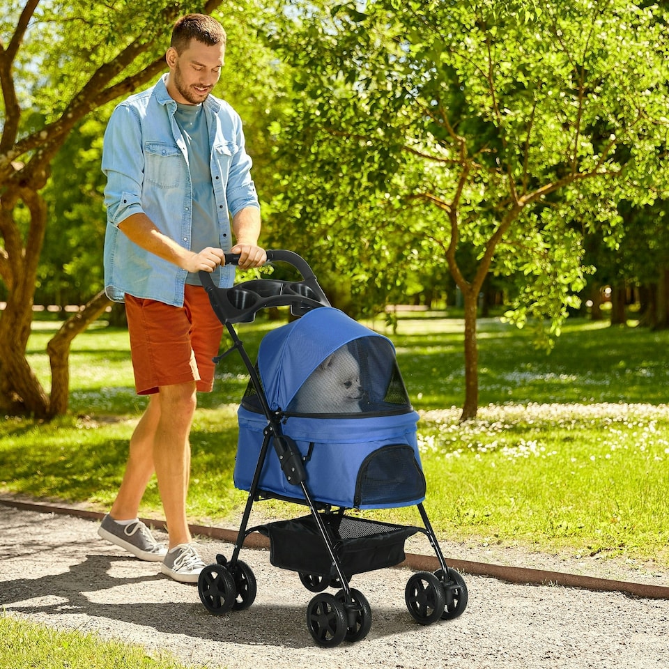 image 1 of PawHut Pet Stroller Foldable Travel Carriage w/ Brake Basket Canopy, Blue