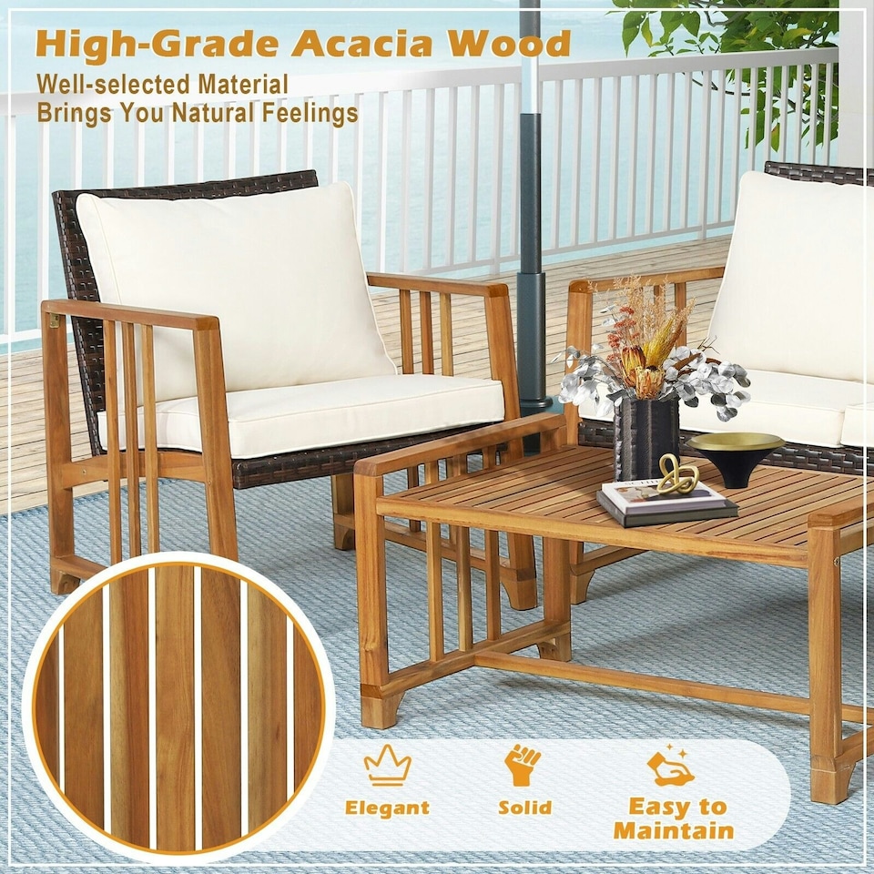 image 1 of COSTWAY 4 PCS Outdoor Patio Rattan Chair Table Set w/Cushions