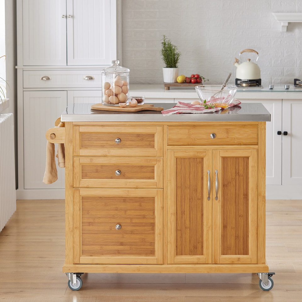 image 1 of SoBuy Kitchen Storage Trolley with Stainless Steel Top, Bamboo, 45.3x18.1x36.2 in, 23.9 kg - FKW70-N