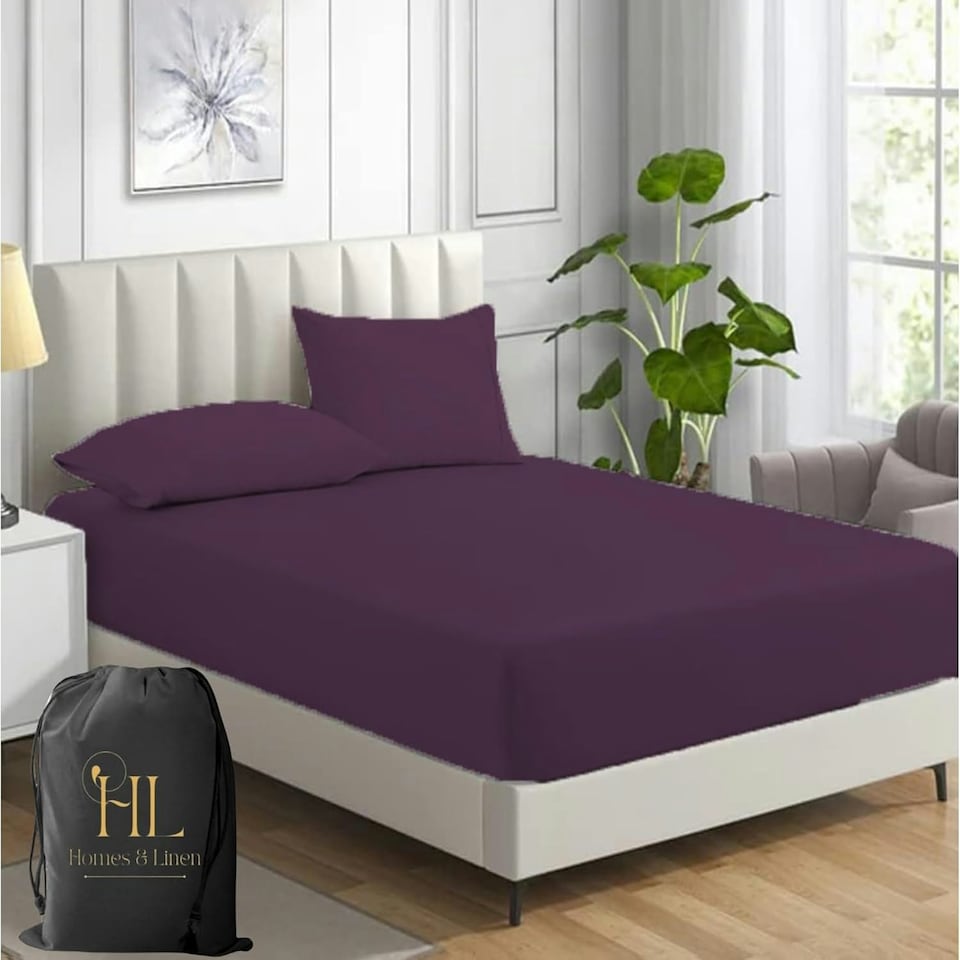 image 1 of Homes-Linen Fitted Sheet Percale Rich Cotton 180 Thread Count Non Iron 25cm Deep Pocket Fitted Bed Sheets N/A | Plum | Double