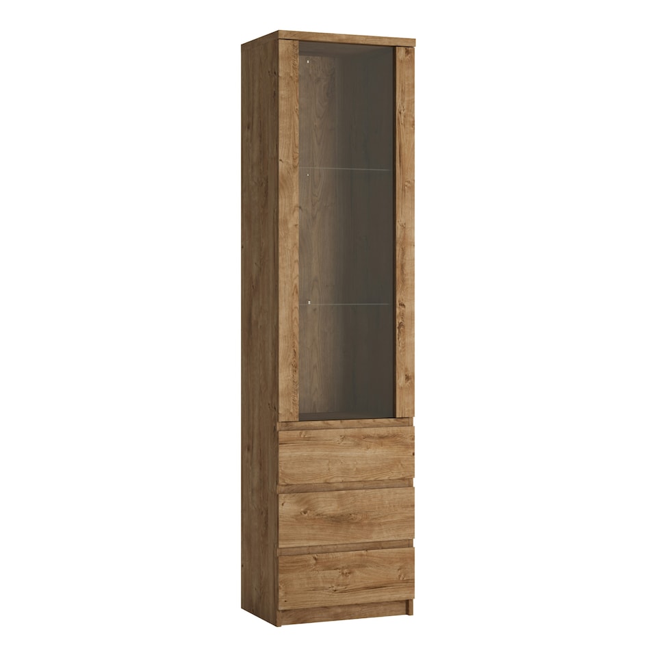 image 1 of Fribo Tall Narrow 1 Door 3 Drawer Glazed Display Cabinet in Oak