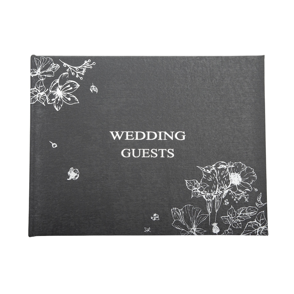 image 1 of Beautiful Black Satin Fabric Wedding Day Guest Book with Silver Floral Decor