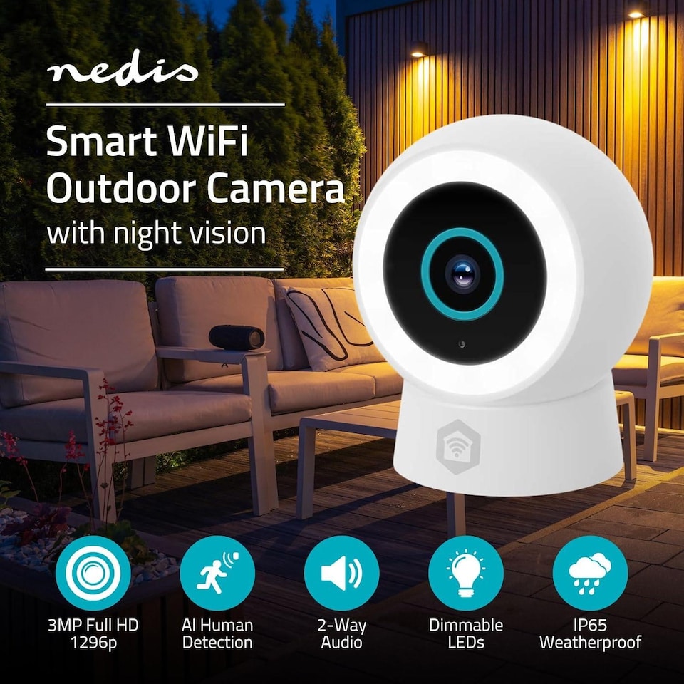 image 1 of NEDIS Wi-Fi Smart Outdoor Camera, 3MP 1296p, Motion Sensor, AI Human Detection, Dimmable Spotlight Full-Colour Night Vision, Two-Way Audio, IP65 Weatherproof - White