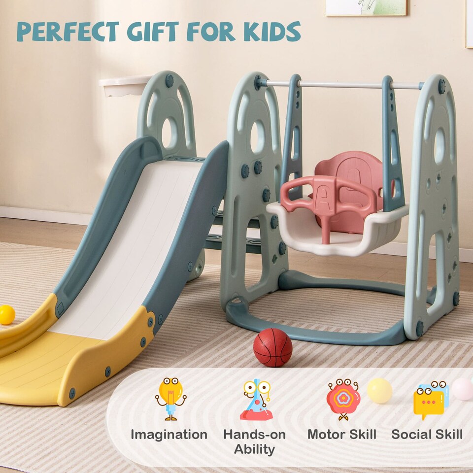 image 1 of COSTWAY 4-in-1 Kids Slide and Swing Set Freestanding Baby Slide Playset