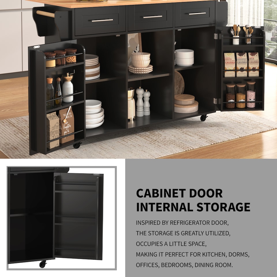 image 1 of VILUXE Mobile Kitchen Island with Foldable Marble-Effect Worktop, 3 Drawers, Adjustable Storage, Towel Holder, Wheels and Solid Wood Feet, Black and Natural Wood