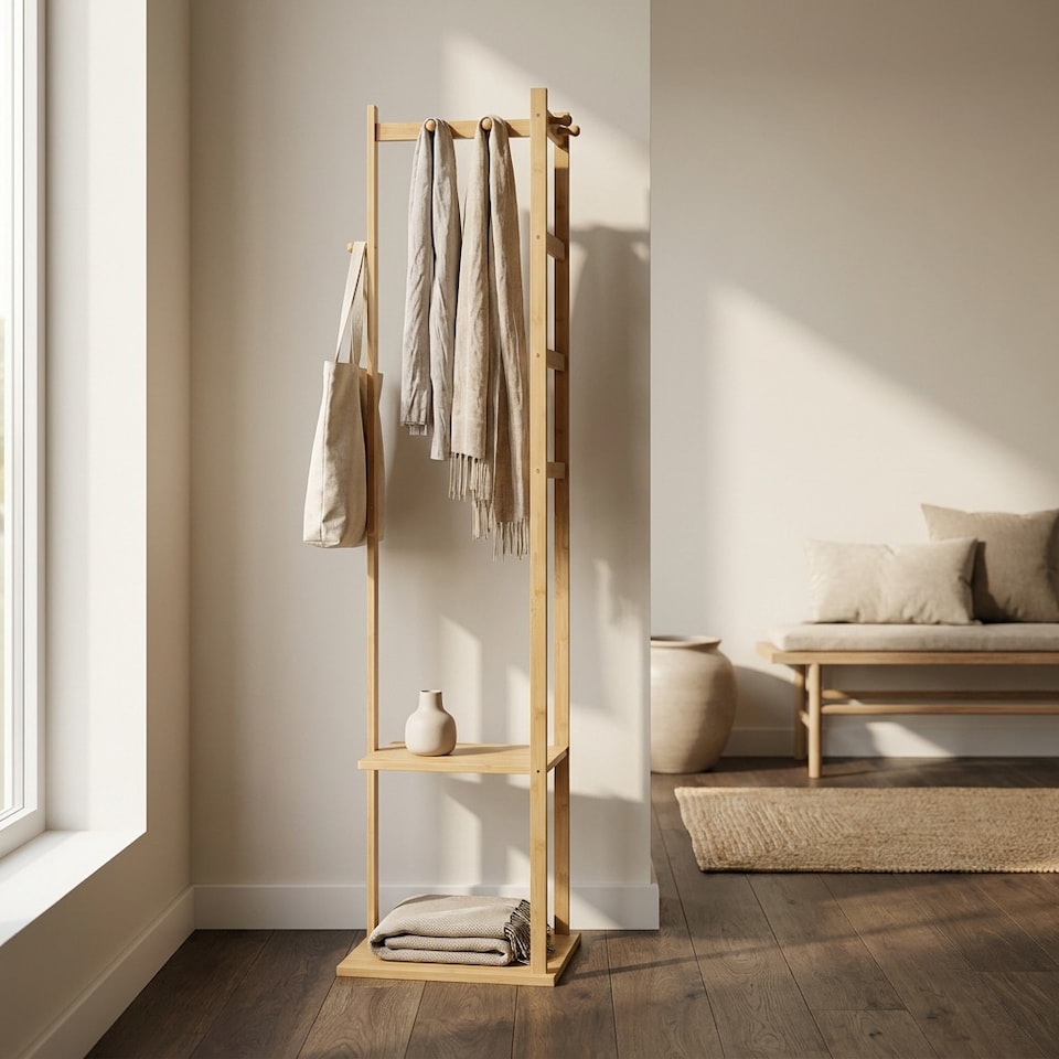 image 1 of Narrow Wooden Clothes Rail With 2 Shelves Brown | One Size